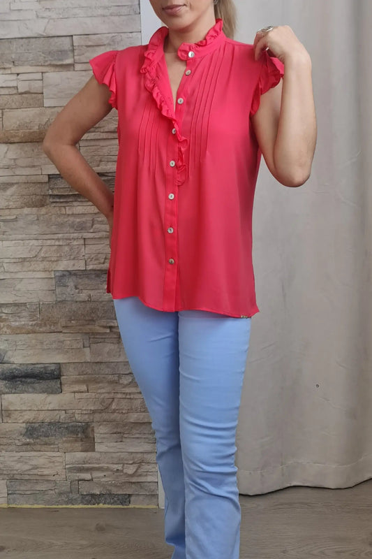 BLUSA COM MINI FOLHOS E NERVURAS CORAL