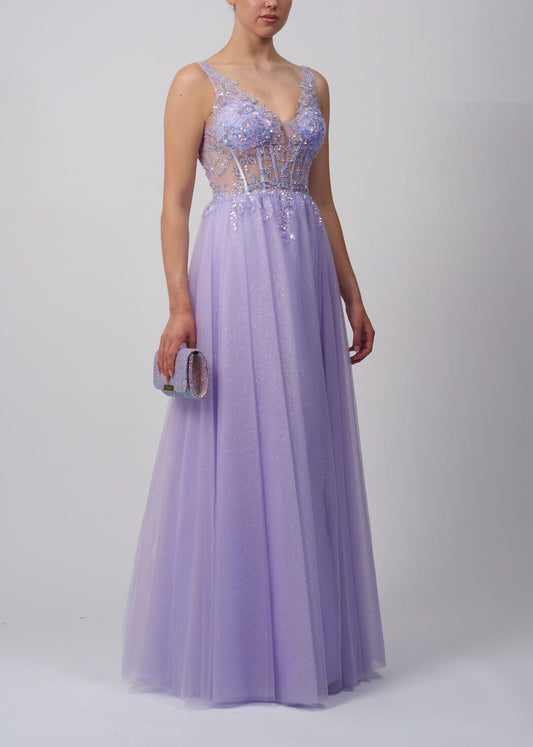 VESTIDO DE CERIMÓNIA COM CORPETE E TULE LILÁS