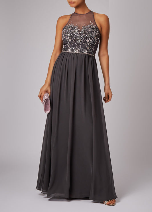 VESTIDO DE CERIMÓNIA COMPRIDO COM LANTEJOULAS CINZENTO