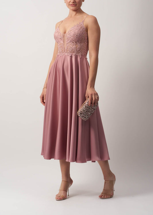 VESTIDO DE CERIMÓNIA MIDI BORDADO ROSA