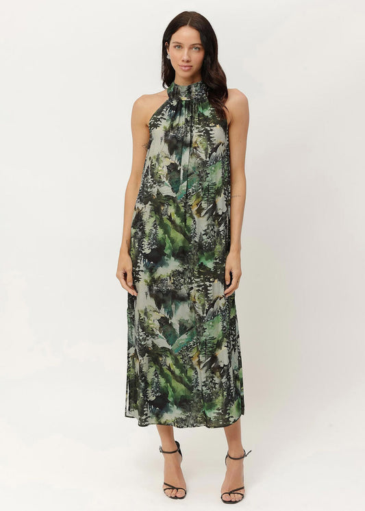 VESTIDO MIDI ESTAMPADO COM GOLA ALTA