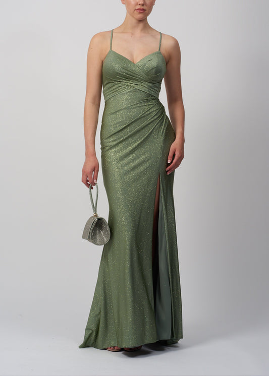 VESTIDO DE CERIMÓNIA COM BRILHO ESTILO SEREIA VERDE SECO