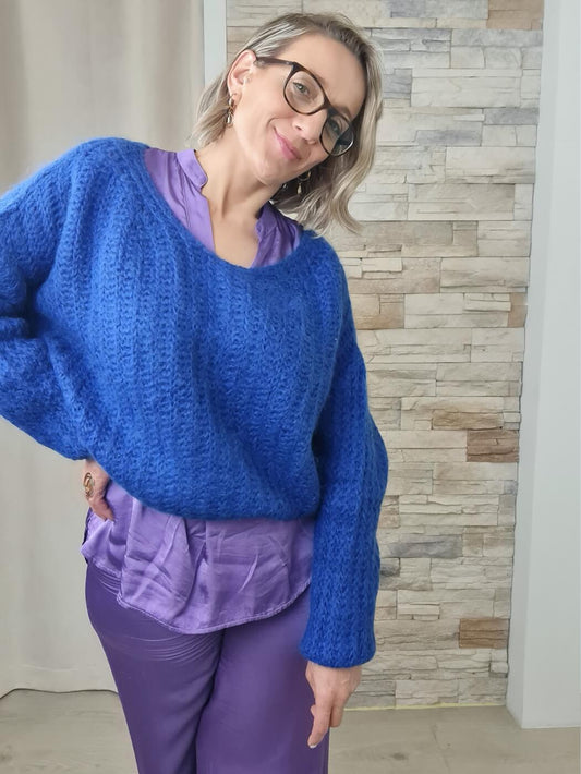 CAMISOLA DE MALHA COM MANGAS À BALÃO AZUL ROYAL