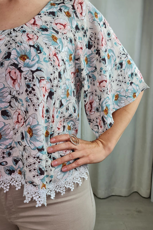 TÚNICA FLUIDA ESTAMPADA COM RENDA