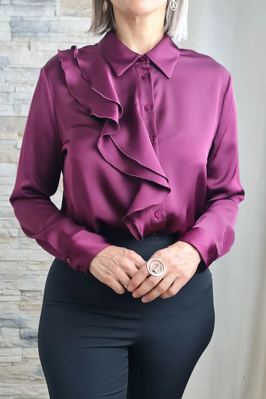 BLUSA COM DETALHE DE FOLHOS BORDEAUX