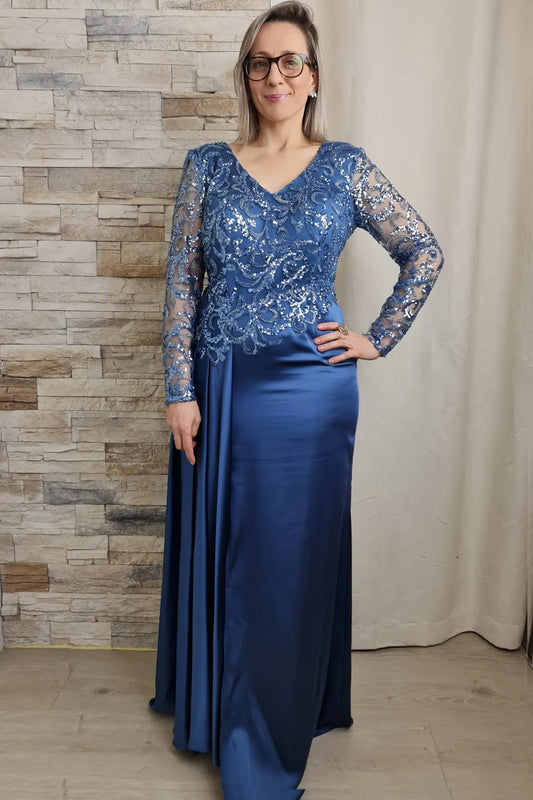 VESTIDO CERIMÓNIA AZULADO COM MANGA COMPRIDAS LATEJOULAS