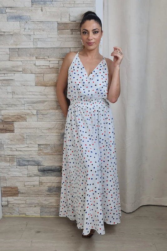 VESTIDO COMPRIDO BOLINHAS C/ COSTAS DECOTADAS