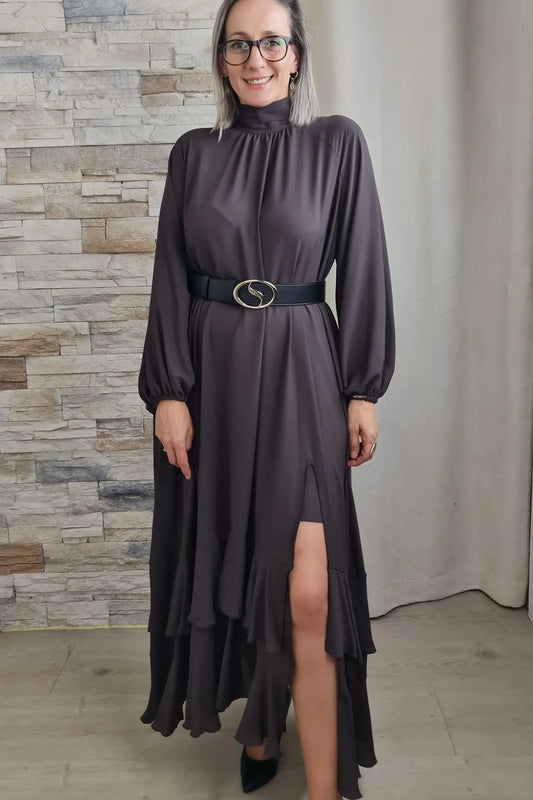 VESTIDO CASTANHO COMPRIDO COM CINTO