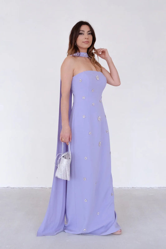 VESTIDO DE CERIMÓNIA CAICAI LILÁS COM DETALHES BRILHANTES