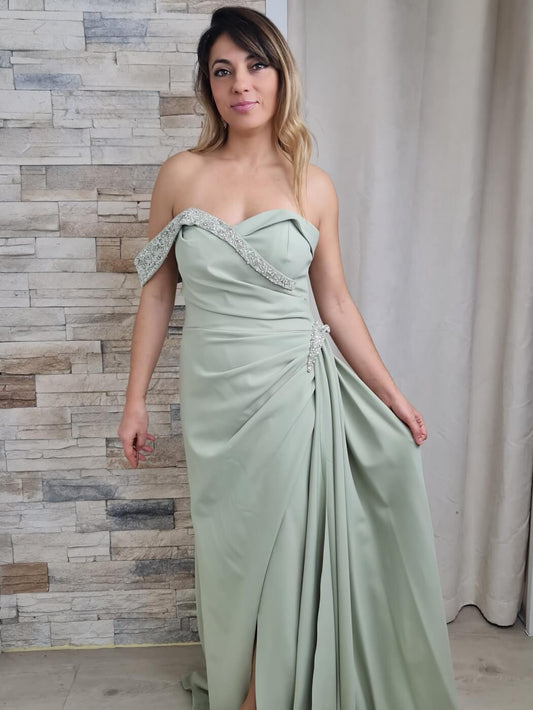 VESTIDO DE CERIMÓNIA VERDE COM DECOTE EM BARCO