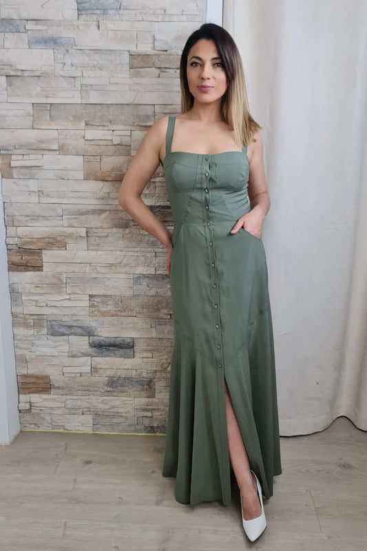 VESTIDO COMPRIDO COM BOTÕES VERDE