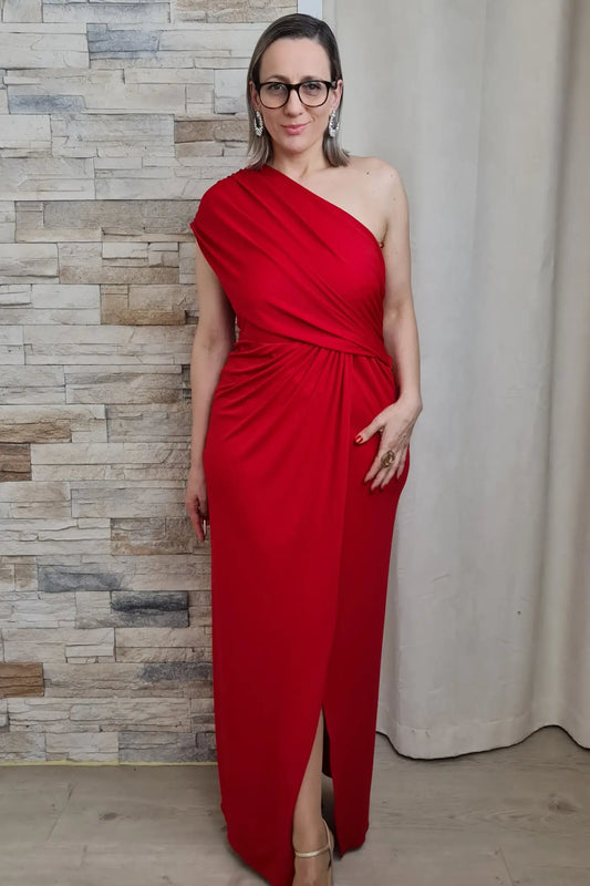 VESTIDO COMPRIDO EM UM SÓ OMBRO COM RACHA