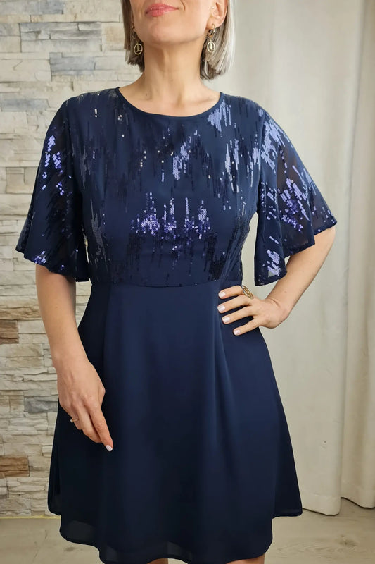 VESTIDO CURTO COM LANTEJOULA AZUL MARINHO