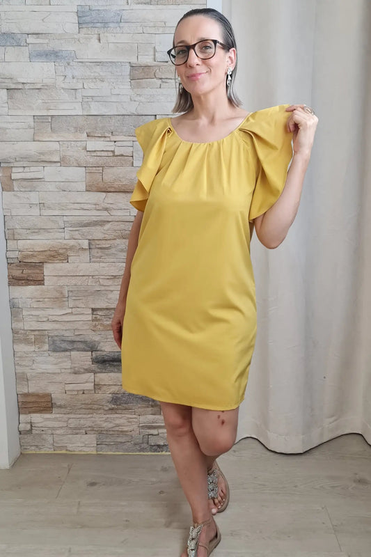 VESTIDO CURTO COM MANGA DE FOLHOS AMARELO TORRADO