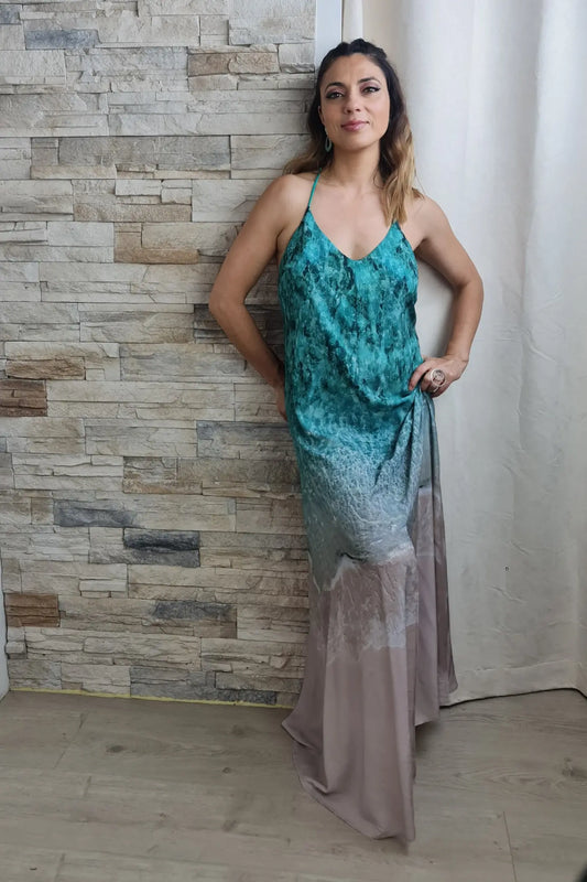 VESTIDO DEGRADÉ VERDE E CINZA