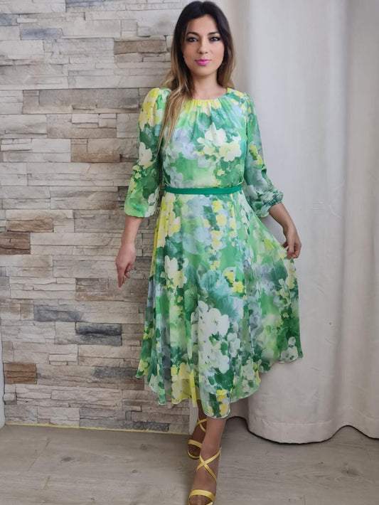 VESTIDO FLORAL VERDE E AMARELO