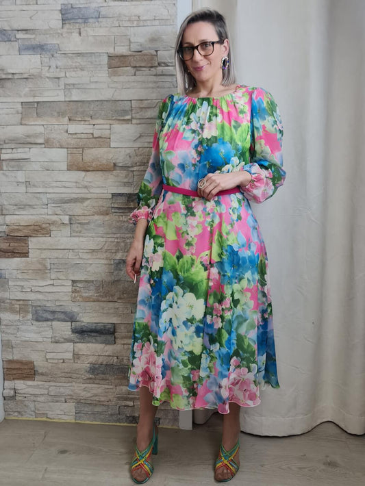 VESTIDO FLORAL ROSA E AZUL