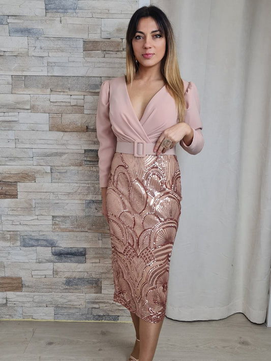 VESTIDO DE CERIMÓNIA MIDI NUDE COM LANTEJOULA