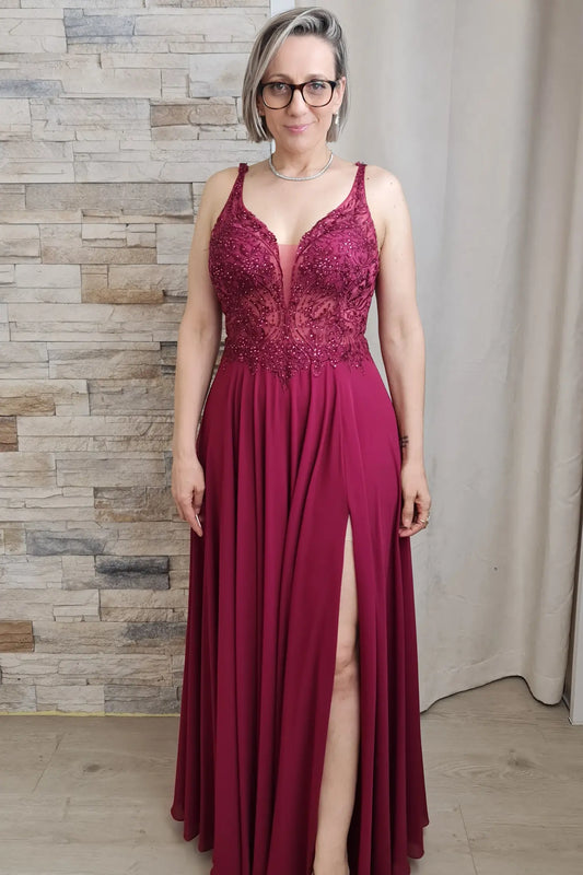 VESTIDO DE CERIMÓNIA COM RENDA EM BORDEAUX
