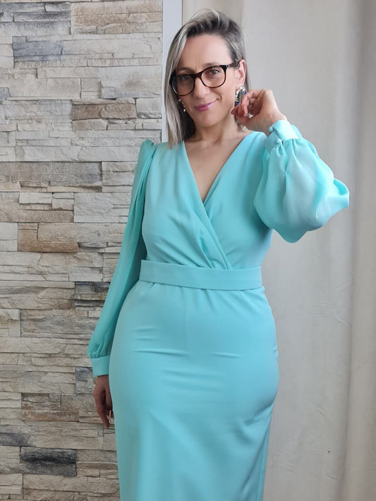 VESTIDO RETO COM CINTO VERDE ÀGUA