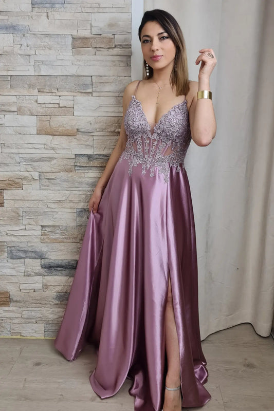 VESTIDO DE CERIMÓNIA ROSA COM CORPETE BRILHANTE