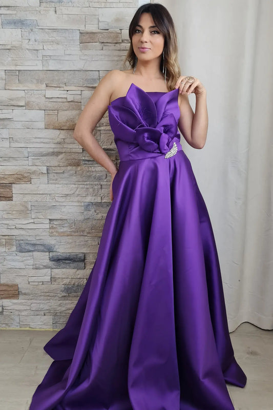 VESTIDO DE CERIMÓNIA ROXO CAICAI COM FLOR E PLUMA