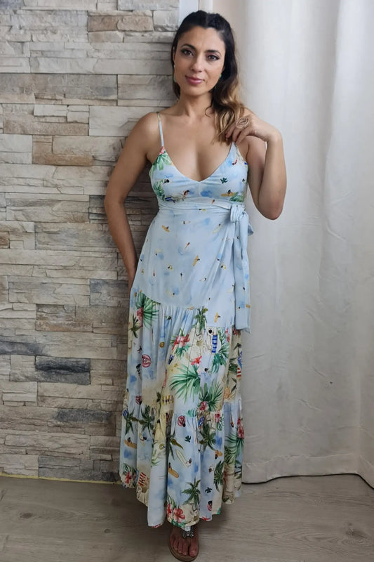 VESTIDO TRESPASSADO COM TEMA MAR