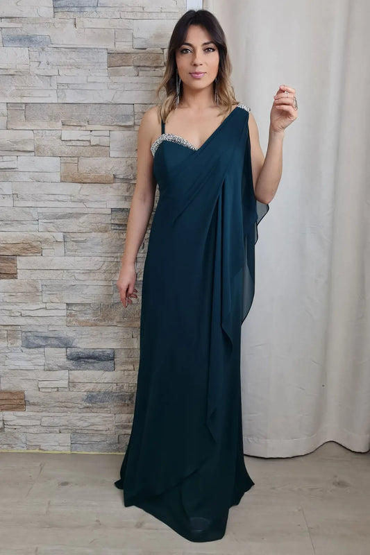 VESTIDO DE CERIMÓNIA VERDE COM DETALHE DE BRILHANTES