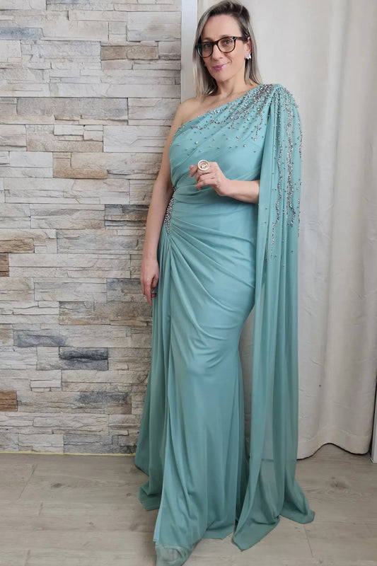 VESTIDO DE CERIMÓNIA VERDE COM MANGA AMPLA E DETALHES BRILHANTES