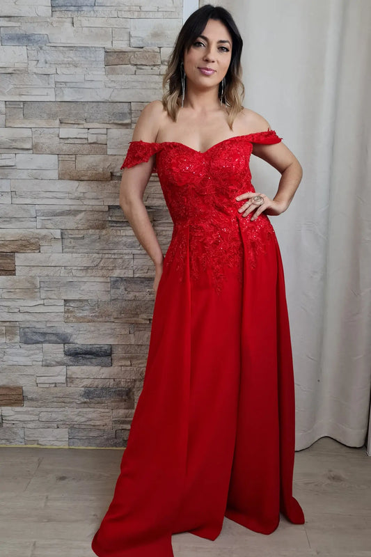 VESTIDO DE CERIMÓNIA VERMELHO COM DECOTE EM BARCO