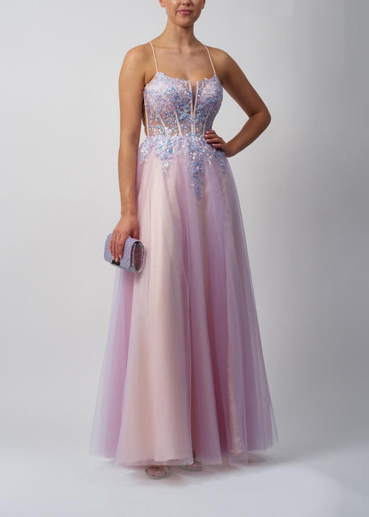 VESTIDO DE CERIMÓNIA DE CORPETE COM BRILHANTES LILÁS