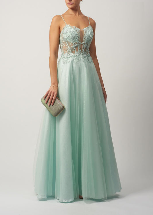 VESTIDO DE CERIMÓNIA TRANSPARENTE COM FLORES