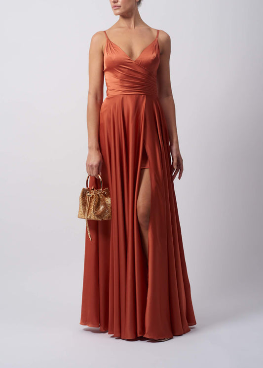 Vestido Acetinado Liso Alaranjado