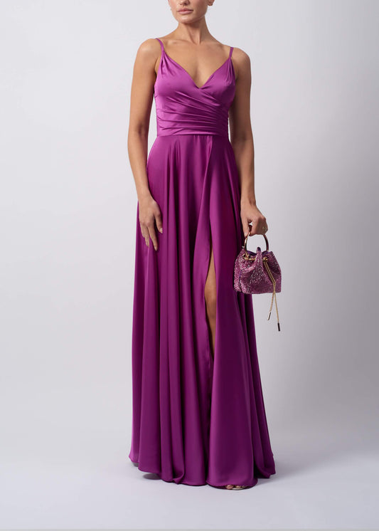 Vestido de Cerimónia Acetinado Liso Roxo