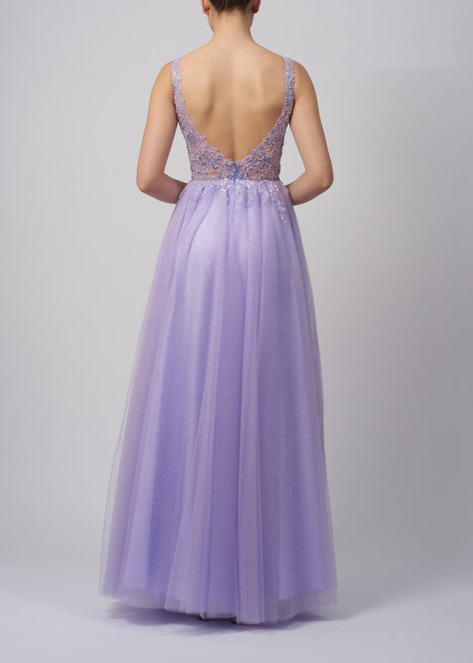 VESTIDO DE CERIMÓNIA COM CORPETE E TULE LILÁS