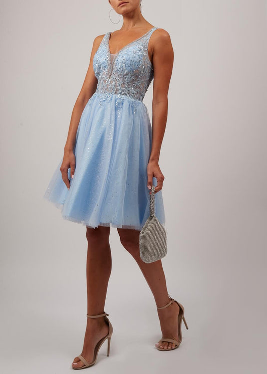 VESTIDO DE CERIMÓNIA CURTO DECOTE V BRIHANTE AZUL