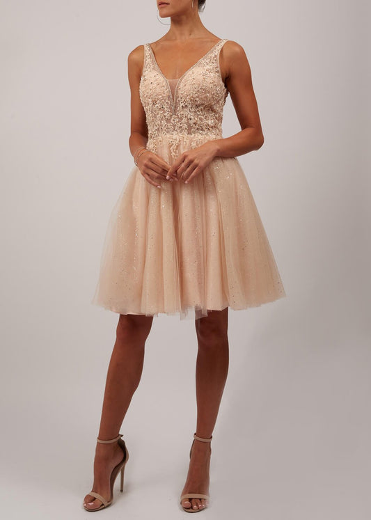 VESTIDO DE CERIMÓNIA CURTO DECOTE V BRILHANTE PÊSSEGO