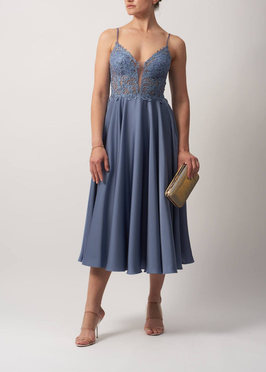 VESTIDO DE CERIMÓNIA MIDI BORDADO AZUL ACINZENTADO