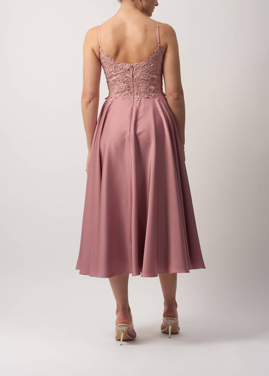 VESTIDO DE CERIMÓNIA MIDI BORDADO ROSA
