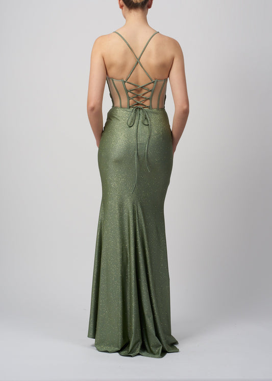 VESTIDO DE CERIMÓNIA COM BRILHO ESTILO SEREIA VERDE SECO