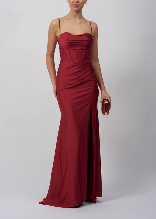 VESTIDO DE CERIMÓNIA LISO ESTILO SEREIA BORDEAUX