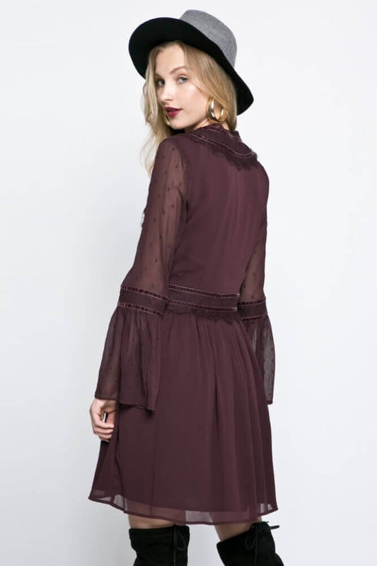VESTIDO BORDEAUX MANGA TRANSPARENTE