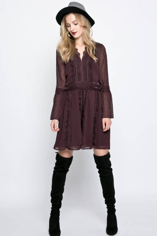VESTIDO BORDEAUX MANGA TRANSPARENTE