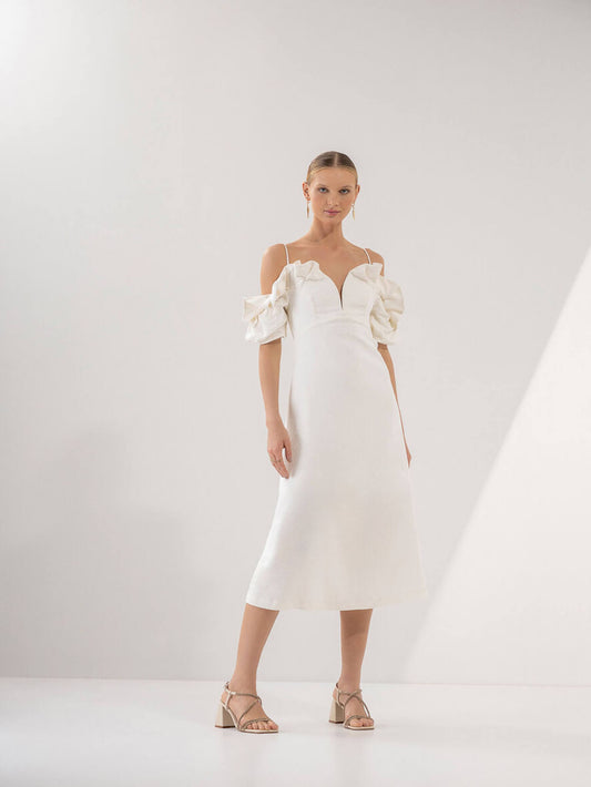 Vestido de Linho Com Decote Balonê