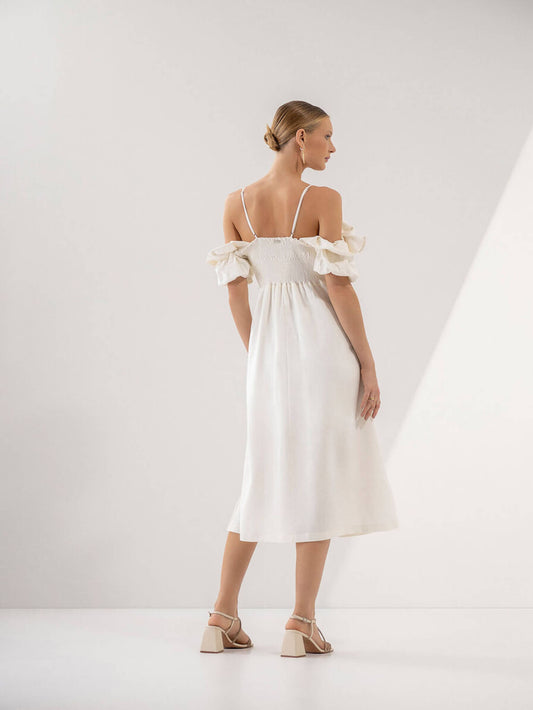 Vestido de Linho Com Decote Balonê