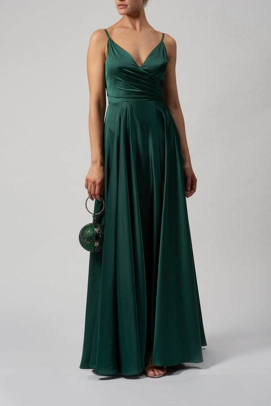 VESTIDO DE CERIMÓNIA COMPRIDO EM CETIM VERDE ESMERALDA