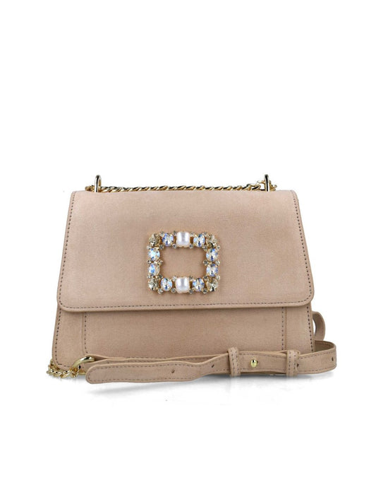 BOLSA COM DETALHE DE PEDRAS E PÉROLAS BEGE