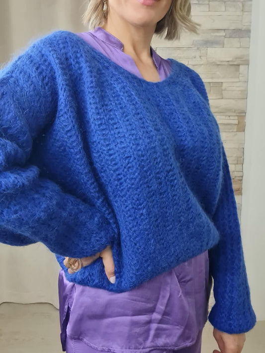 CAMISOLA DE MALHA COM MANGAS À BALÃO AZUL ROYAL