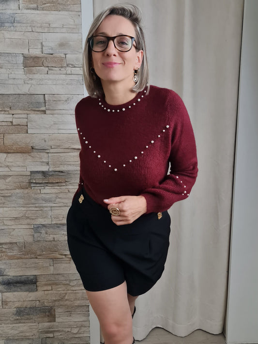 CAMISOLA DE MALHA COM PÉROLAS BORDEAUX
