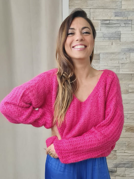 CAMISOLA DE MALHA COM MANGAS À BALÃO FÚSCHIA